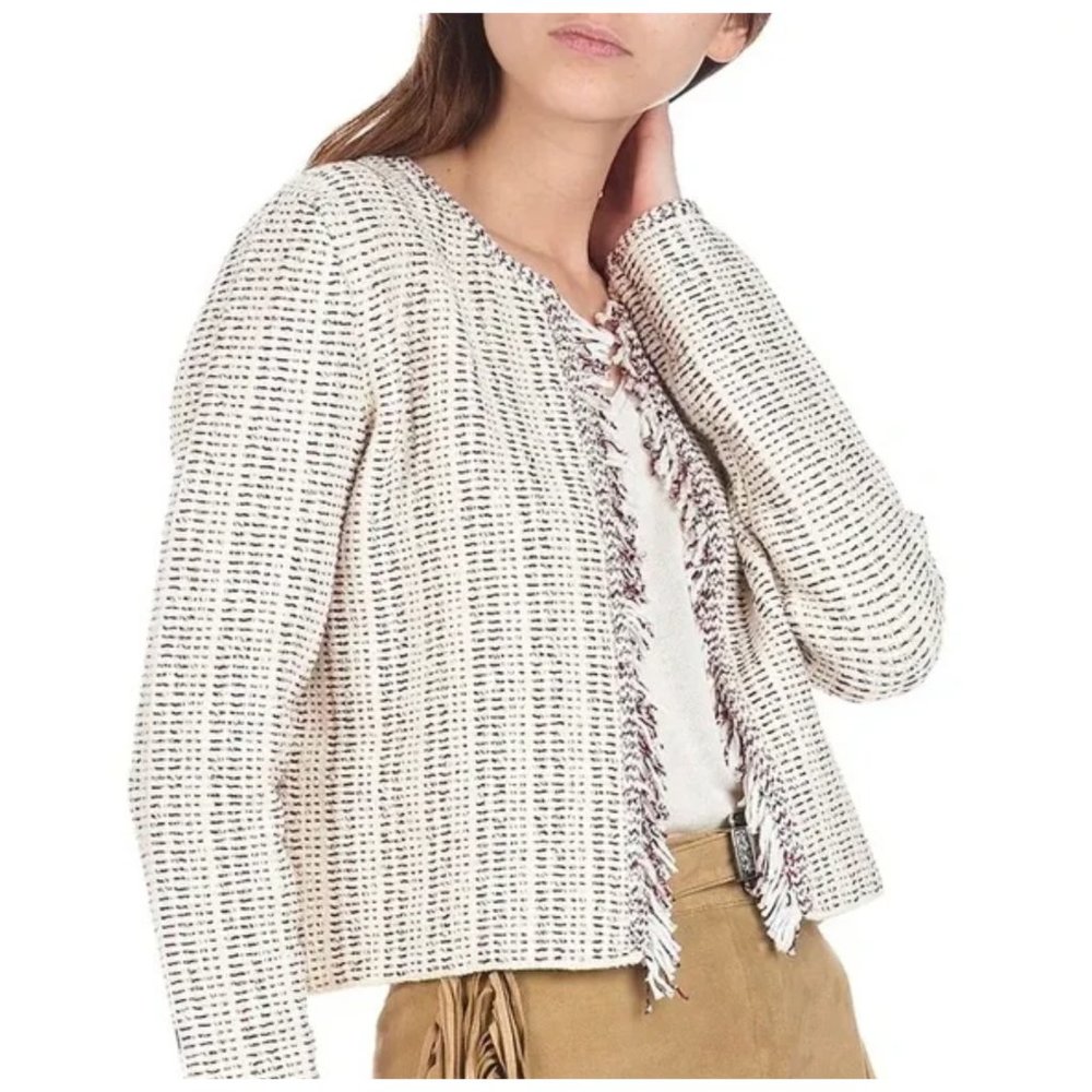 THEORY Boucle Knit GALINNE Cream Dark Red White Fringe Cropped Jacket